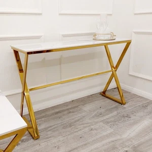 Luxury Zion 77cm Tall Gold Console Table With White Sintered Stone - Picture 1 of 3