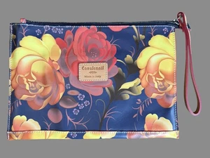 Cavalcanti Rose Pattern Leather Wristlet Travel Purse Made In Italy. 11” x8” - Picture 1 of 6