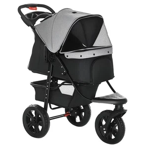 PawHut Folding 3 Wheel Pet Stroller Travel Adjustable Canopy Storage Brake Grey - Picture 1 of 11