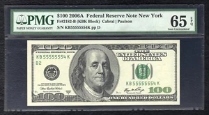 FR. 2182-B 2006-A $100 FRN “NEAR SOLID S/N KB55555554K” PMG GEM UNC-65EPQ - Picture 1 of 2
