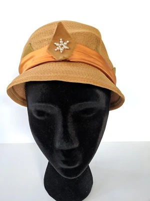 Sombrero vintage para mujer Cloche Paja Textura Fieltro Triángulo Perla Naranja Cinta Borde Foto 1 de 4