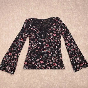 Lucky Brand Womens S Shirt V-Neck Faux Wrap Top Boho Floral Long Bell Sleeve - Picture 1 of 13