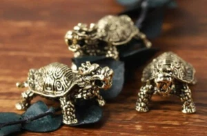 Copper Brass Dragon Turtle Small Fengshui Statue Ornament Chinese Set Of 3 - Picture 1 of 7