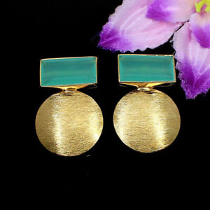 Natural Green Chalcedony Circle Earrings- Gold Plated Jewelry- Designer Earrings