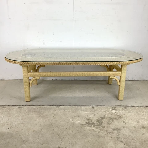 Vintage Henry Link Style Glass Top Wicker Coffee Table Cover