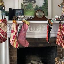 Indian Cotton Vintage Kantha Christmas Stocking Garland Stockings & Hanger Decor