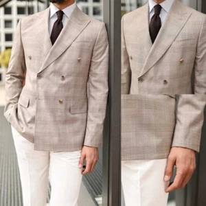 Herren Beige Doppelreihiger Anzug Karierte Jacke Breiten Spitzkragen Klassisch - Bild 1 von 11