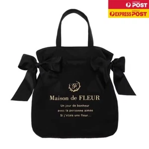Maison de FLEUR Silk Face Satin Dual Ribbon Bow Black & Gold Handbag Japanese - Picture 1 of 7