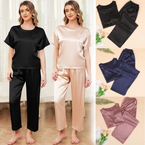 Women's Short Sleeve Silk Pajamas Set Satin Sleepwear Homewear Nightwear Pjs Set - Picture 1 of 20