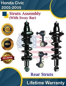 New OE Rear Struts W/Sway Bar For 2001-2005 Honda Civic Lifetime Warranty - Picture 1 of 12