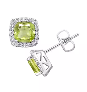 1.75CT Cushion Cut Lab Created Peridot Halo Stud Earrings 14K White Gold Plated - Picture 1 of 4