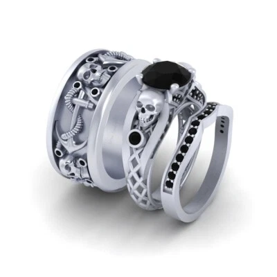 Black Onyx Silver Skull Engagement Ring Set Wedding Rings His Her Gothic Couple - Изображение 1 из 4