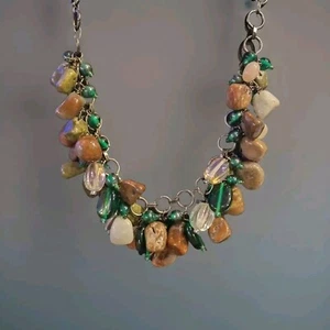 Vintage Jasper Quartz Glass Bead Statement Bib Necklace 16" w 3" Ext U023 - Picture 1 of 7