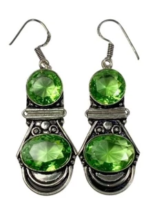 Faceted Peridot Gemstone Dangle Earrings Hinged 925 Silver Handmade 14.1 grams - Picture 1 of 10