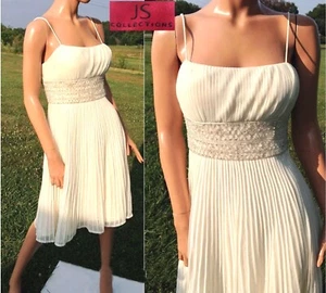 Women's Ivory Beaded Empire Waist Perma-Pleat Fit & Flare Spag Strap Party Dress - Picture 1 of 10
