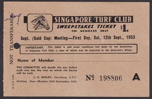 SINGAPORE TURF CLUB 1953 $1 Sweep ticket - Picture 1 of 2