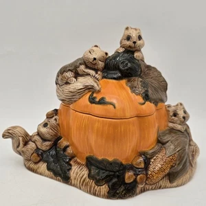 Vintage Ceramic Pumpkin Squirrel Covered Dish Nut Jar 1984 Donas Mold - Picture 1 of 19
