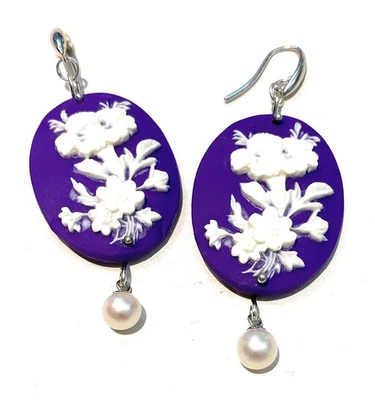 Orecchini Cameo Viola Argento Pendente Perla  - Immagine 1 di 4
