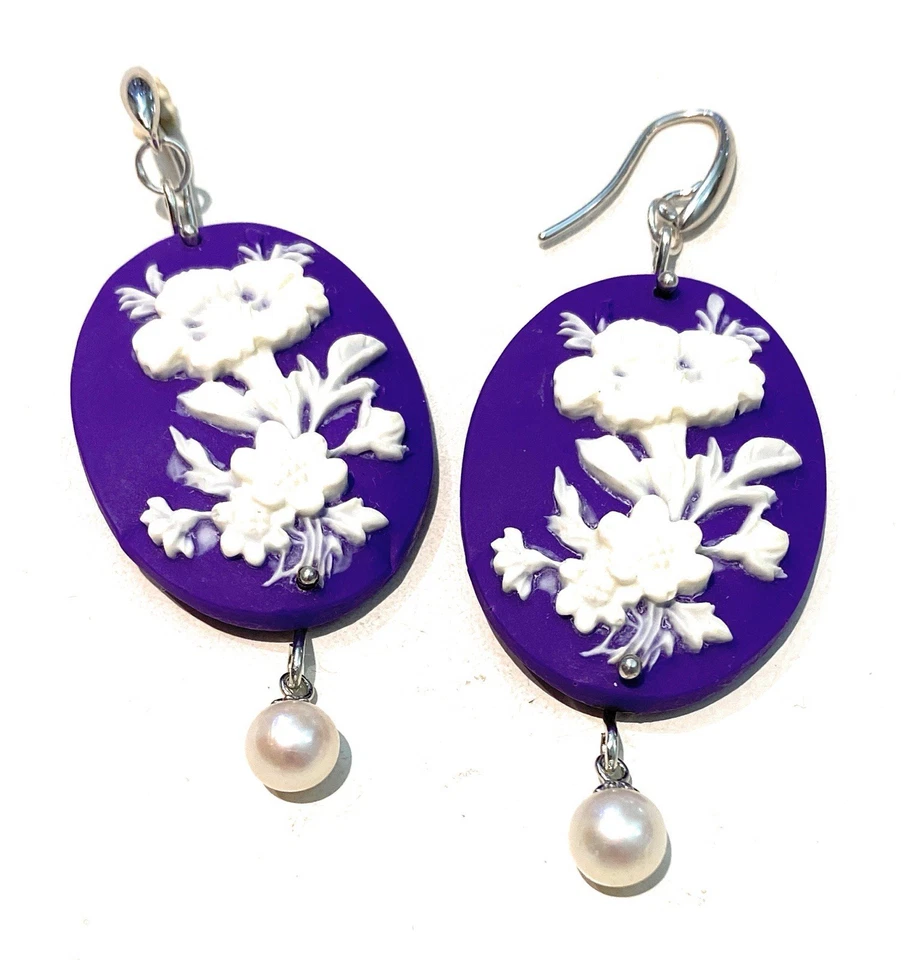 Orecchini Cameo Viola Argento Pendente Perla  - Immagine 1 di 4