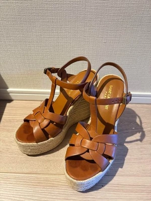 Auténticas sandalias Saint Laurent suela de cuña cuero color marrón talla 37 ... - Imagen 1 de 4