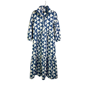 Rachel Zoe Maxi Dress Women XS Cream Blue Geo Balloon Sleeve Tiered Artsy Boho - Picture 1 of 9
