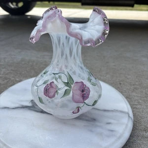 FENTON French Opalescent Meadow Beauty Rose Trellis Vase Handbemalt Signiert - Bild 1 von 12