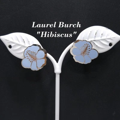 Vintage Laurel Burch "Hibiscus" Blue Post Earrings, Rhodium Plated Silver Tone - Image 1 of 4