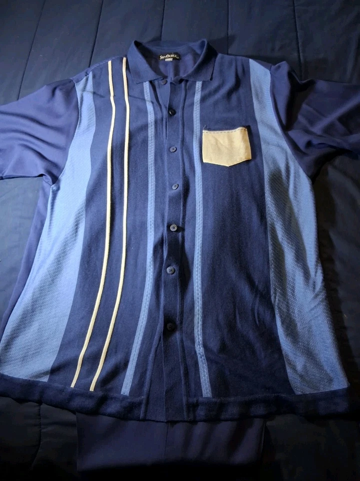 Traje de hombre vintage de seda plateada 2 piezas para caminar ocio 3X pantalón 44 tejido azul Foto 1 de 4