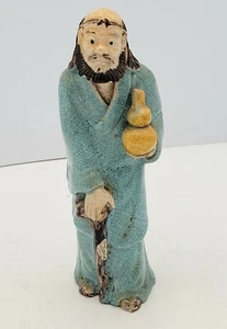 Rare Antique Chinese Mud Man Old Ceramic Figurine in a Blue Robe Holding Bottle - Picture 1 of 11
