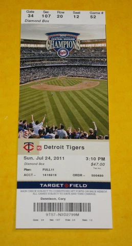 Minnesota Twins Ticket Stub | July 24 2011 | Joe Mauer Jim Thome Hit Cover