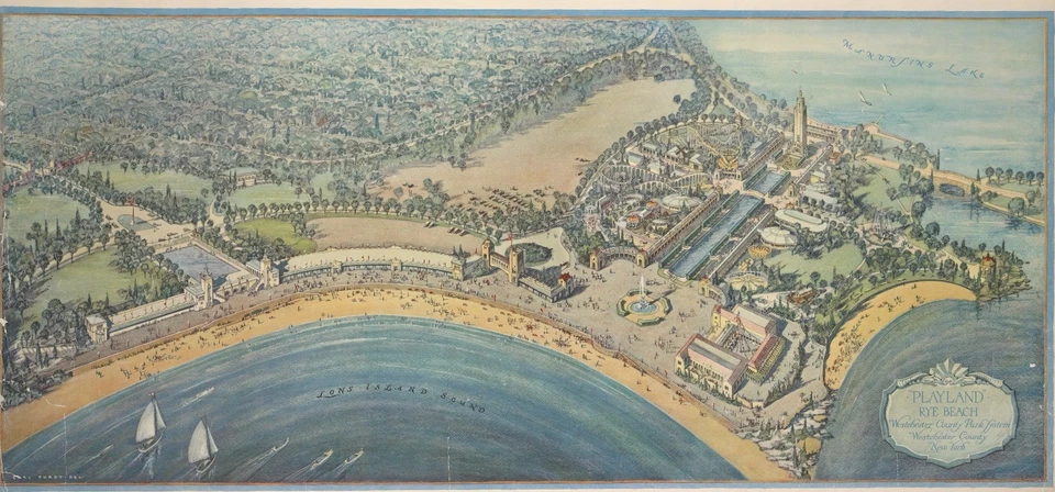 1927 WESTCHESTER COUNTY NEW YORK BIRD'S EYE VIEW OF RYE PLAYLAND COPY POSTER MAP - Image 1 of 1