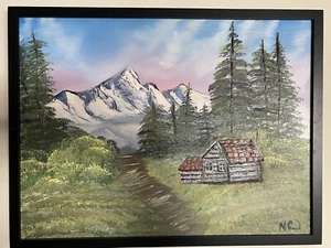 Pintura al óleo Mountains Cottage, estilo Bob Ross, mojado sobre mojado - Imagen 1 de 5
