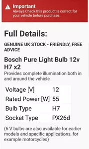 BOSCH Pure Light Headlight Bulb 477 H7 12V A1396 - Twin Pack - Picture 1 of 2