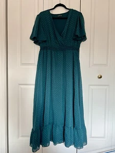 Shein Curve Teal Green Polka Dot Flutter Sleeved Ruffled Maxi Dress Women's 1XL - Picture 1 of 19