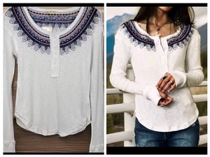 Free People Fair Isle S bestickt Henley weiß Waffelmuster Strick Top Shirt neu ohne Etikett $ 68 - Bild 1 von 8
