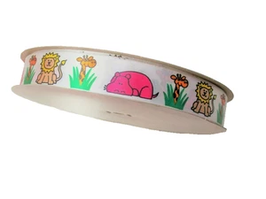 White Baby Jungle Animals Single-Face Satin Ribbon 7/8 inch wide x 9 yards B53 - Picture 1 of 5