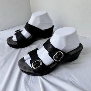 Dansko Sophie 40 Black Leather Sandal Adjustable Double Strap Clogs Slides Wedge - Picture 1 of 12