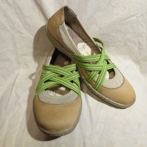 🩰 Born BOC Comfort Mary Janes sz 8.5 M Camel Tan; Green Double X Elastic Straps - Picture 1 of 16