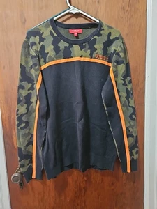 Guess Los Angeles Men's L Camo Graphic Long Sleeve Knit Shirt Black Orange Sz L - Picture 1 of 3