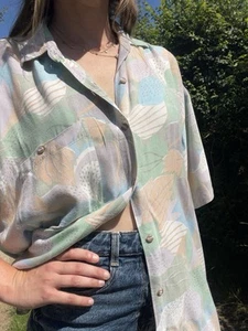 Vintage Size 3XL 16-20 Pastel Leaf Patterned Short Sleeve Shirt C&A - Picture 1 of 11