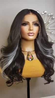 New Thick Long Curly 13x6 Free-Part Lace Frontal Wig Black Highlights Hair Wigs - Image 1 of 4