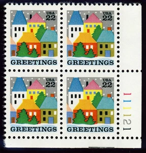 US Greetings Village Scene 22c Stamp Plate Block of 4 Scott #2245 - Picture 1 of 1