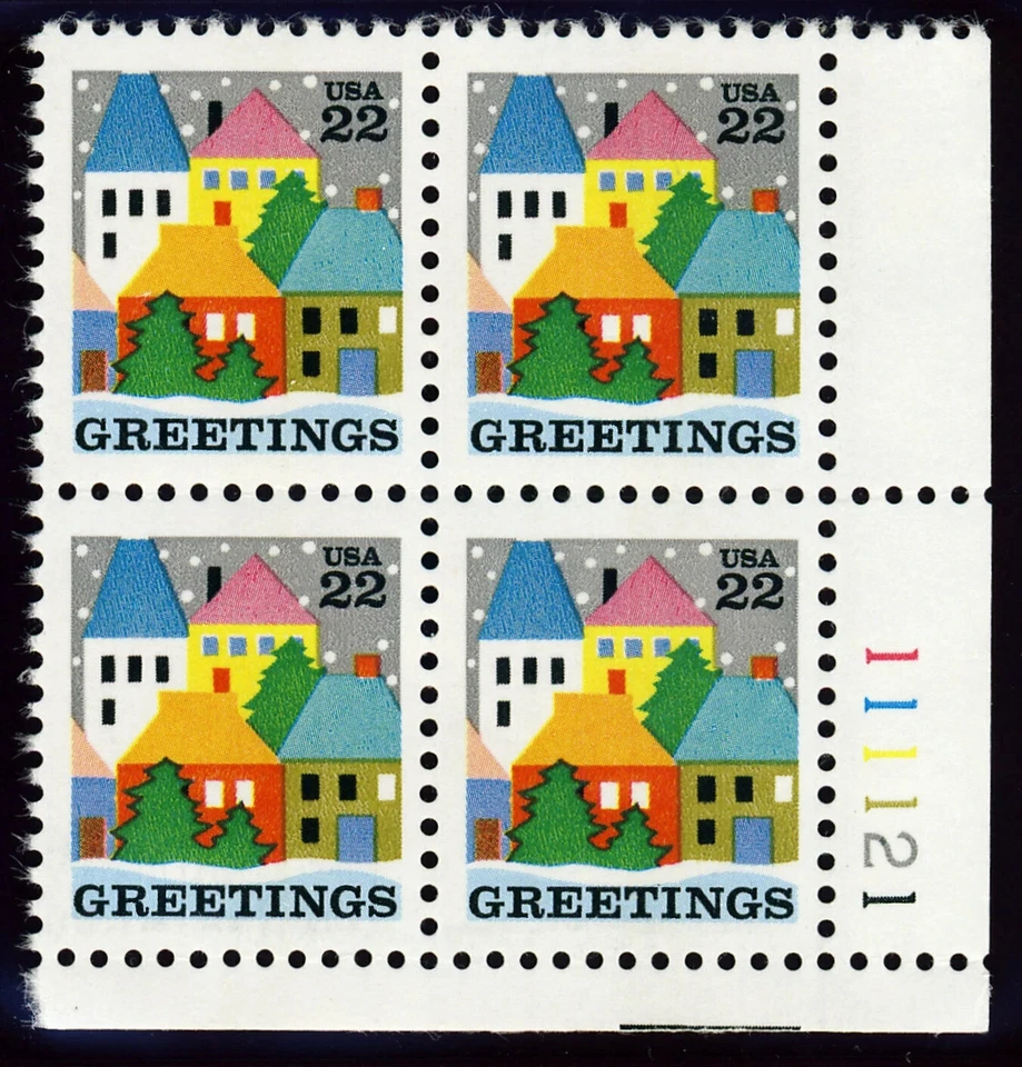 US Greetings Village Scene 22c Stamp Plate Block of 4 Scott #2245 - Image 1 of 1