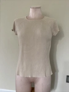 Pierre Cardin Women Vintage Top M Beige Tan Ribbed Short Sleeve Knit Cotton GUC - Picture 1 of 12