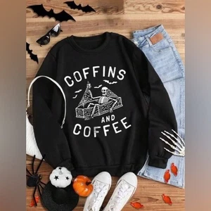 Women's Halloween Skeleton & Letter Print Fleece Sweatshirt Sz XL - Foto 1 di 15