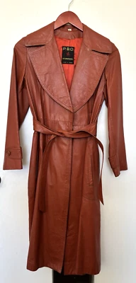 VTG Retro 70s PBD International Burnt Orange Leather Trench Coat S Size 5 Unisex - Изображение 1 из 4