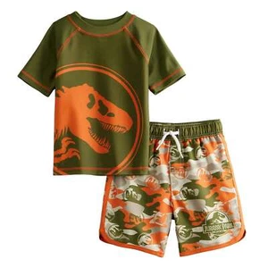 Jurassic World Dinosaur Swimsuit Swim Trunks Shorts Rash Guard Set Toddler Boys - Picture 1 of 3