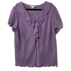 Dressbarn Womans Purple Ruffled Lined 1/4 Button Short Sleeve Top Plus 2X 18/20 - Picture 1 of 11