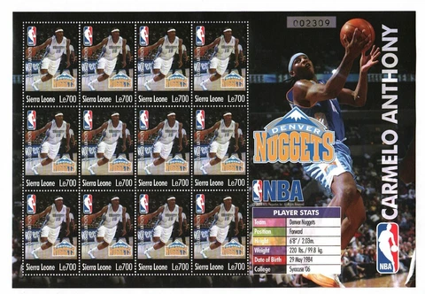 Sierra Leone 2003 NBA Denver Nuggets - Carmelo Anthony - Sheet of 12 stamps MNH Cover