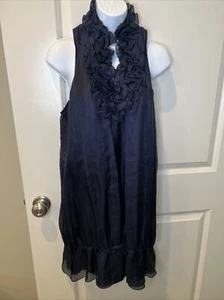 Esley 100% Silk Navy Blue Sleeveless Ruffled Balloon Hem Dress Size L - Picture 1 of 4